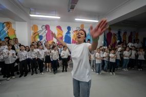 Schoolchildren during the Last Bell Festival in one of the underground educational institutions in Kharkiv
