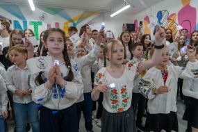 Schoolchildren during the Last Bell Festival in one of the underground educational institutions in Kharkiv