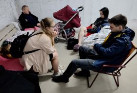 People take shelter in the dormitory of the National Academy of Sciences (now the Kyiv Aviation Institute) during a massive attack in Kyiv
