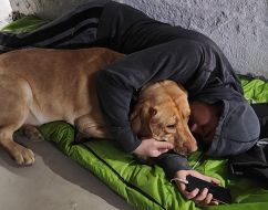 A man sleeps with his Labrador on a sleeping bag in the shelter of the NAU (now Kyiv Aviation Institute) dormitory during a massive attack in Kyiv