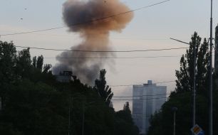 Smoke from explosions after a massive attack over morning Kyiv