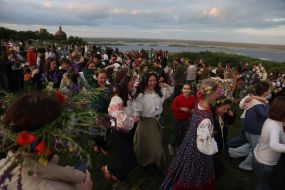 Participants in the Ivan Kupala celebration dance in the village of Vytachiv