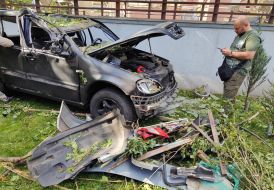 Damaged car after a combined attack in the Shevchenkivskyi district of Kyiv