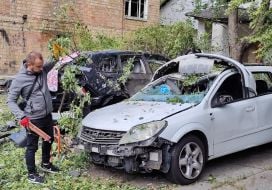 Damaged car after a combined attack in the Shevchenkivskyi district of Kyiv