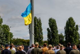 Participants in the ceremony of raising the National Flag on the occasion of the Constitution Day of Ukraine