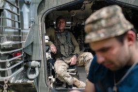 Paratroopers train in driving and firing from the Stryker armored personnel carrier at the training ground