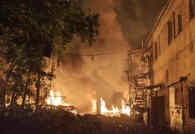 Fire resulting from a massive nighttime attack in the Sviatoshynskyi district of Kyiv