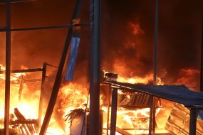 Fire resulting from a massive nighttime attack in the Sviatoshynskyi district of Kyiv