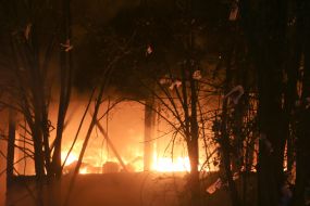 Fire resulting from a massive nighttime attack in the Sviatoshynskyi district of Kyiv