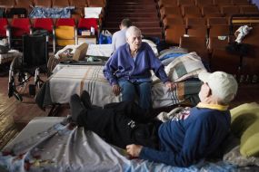 Married couple Svitlana and Borys Melnyk at a special center for refugees and displaced persons in the city of Pavlohrad