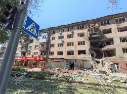 The destroyed wall of a residential building at the site of a Russian drone strike in the Svyatoshynskyi district of Kyiv
