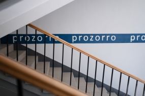 The logo of the DP "Prozorro" on the wall in the organization's office building in Kyiv