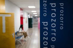 The logo of the DP "Prozorro" in the organization's office building in Kyiv