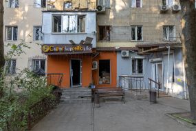 Part of a residential building in Odessa damaged after being hit by a drone