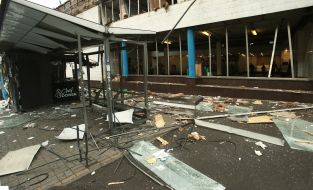 The damaged ground part of the Lukyanovskaya metro station