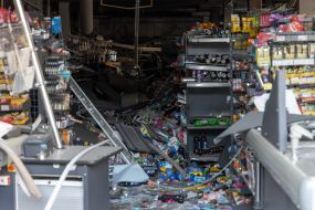 Destruction and chaos in a supermarket after a nighttime drone attack in Odessa