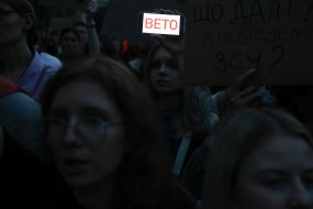 Participants in a protest against the Verkhovna Rada's adoption of a bill restricting the powers of the National Anti-Corruption Bureau and the Specialized Anti-Corruption Prosecutor's Office