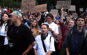 Participants in a protest against the Verkhovna Rada's adoption of a bill restricting the powers of the National Anti-Corruption Bureau and the Specialized Anti-Corruption Prosecutor's Office