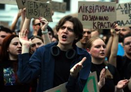 Participants in a protest against the Verkhovna Rada's adoption of a bill restricting the powers of the National Anti-Corruption Bureau and the Specialized Anti-Corruption Prosecutor's Office