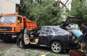 A car damaged by the shelling of Kyiv