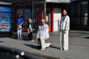 People honor the memory of fallen servicemen of the Airborne Assault Troops of the Armed Forces of Ukraine on a street in Lviv