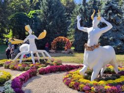 Floral arrangements with figures of the zodiac signs Cancer and Aries