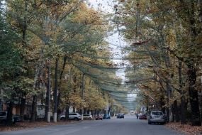 Anti-drone nets over a road in Kherson