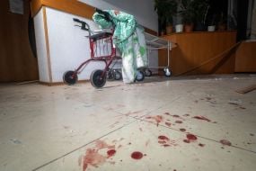 Blood on the floor in the corridor of the endocrinology department of one of the hospitals in Kharkiv