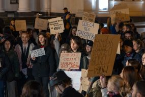 Participants in the action against Mayor Gennady Trukhanov near the city hall building in Odessa
