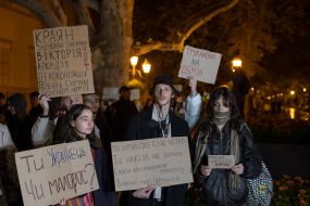 Participants in the action against Mayor Gennady Trukhanov near the city hall building in Odessa