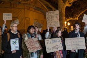 Participants in the action against Mayor Gennady Trukhanov near the city hall building in Odessa