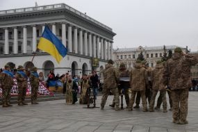 Farewell ceremony for serviceman, UAV pilot Volodymyr Sviatnenko on Independence Square in Kyiv