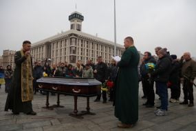 Farewell ceremony for serviceman, UAV pilot Volodymyr Sviatnenko on Independence Square in Kyiv