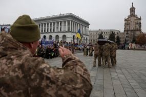 Farewell ceremony for serviceman, UAV pilot Volodymyr Sviatnenko on Independence Square in Kyiv