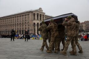 Farewell ceremony for serviceman, UAV pilot Volodymyr Sviatnenko on Independence Square in Kyiv
