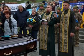 Farewell ceremony for serviceman, UAV pilot Volodymyr Sviatnenko on Independence Square in Kyiv