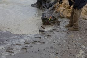 Environmentalists clean up oil slick in the sea off the coast of Odessa