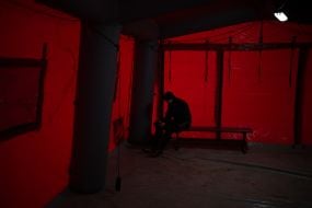 Man in changing tent