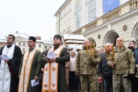 Clergymen of different denominations, military chaplains, servicemen and parishioners during joint prayer