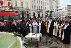 Clergymen of different denominations and military chaplains during joint prayer