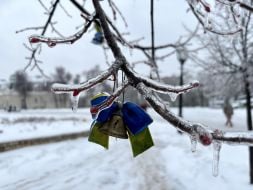 A bell with a yellow and blue ribbon on the icy branches of a tree