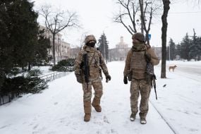 Military personnel patrol the center of the city of Druzhkivka in Donetsk region