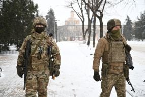 Military personnel patrol the center of the city of Druzhkivka in Donetsk region