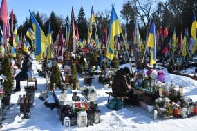 The graves of fallen Ukrainian defenders at the Lychakiv Cemetery in Lviv.