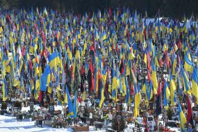 The graves of fallen Ukrainian defenders at the Lychakiv Cemetery in Lviv.