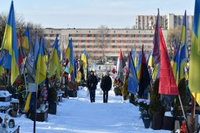 The graves of fallen Ukrainian defenders at the Lychakiv Cemetery in Lviv.