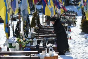 The graves of fallen Ukrainian defenders at the Lychakiv Cemetery in Lviv.