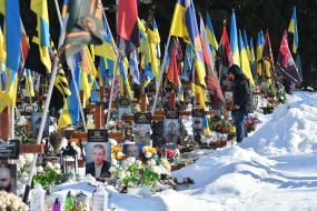 The graves of fallen Ukrainian defenders at the Lychakiv Cemetery in Lviv.