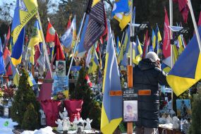 The graves of fallen Ukrainian defenders at the Lychakiv Cemetery in Lviv.