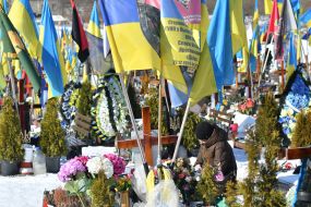 The graves of fallen Ukrainian defenders at the Lychakiv Cemetery in Lviv.